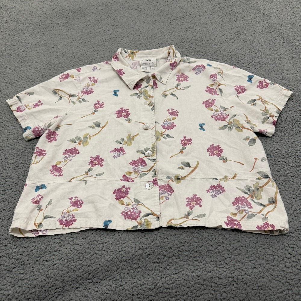 Country Wear Casuals Linen Blend Floral Butterfly Button Up Top Womens Large 90s